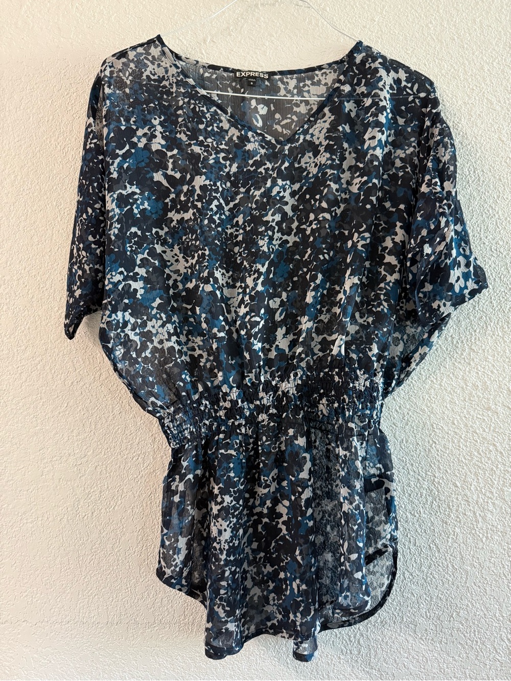 Express Blue and Black Printed V-Neck Peplum Tunic